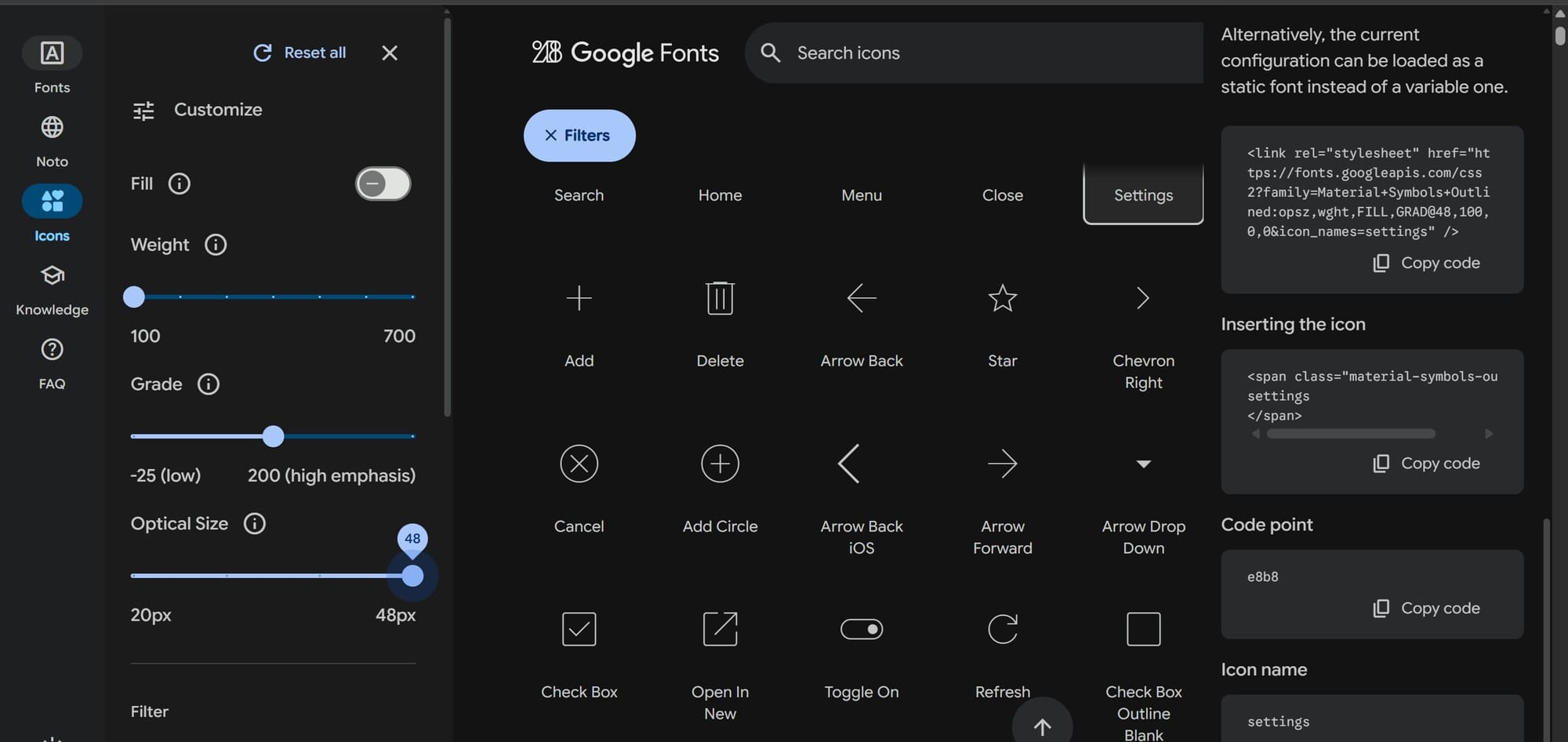 在Google Material Icons所提供之圖示支援三軸可調節參數